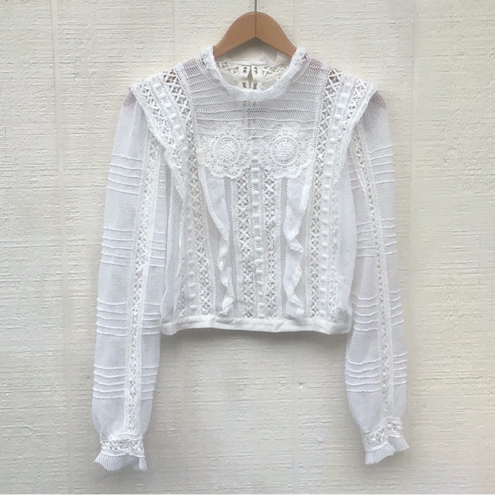 For Love and Lemons Victorian tulle lace crochet ruffle mock neck cropped blouse